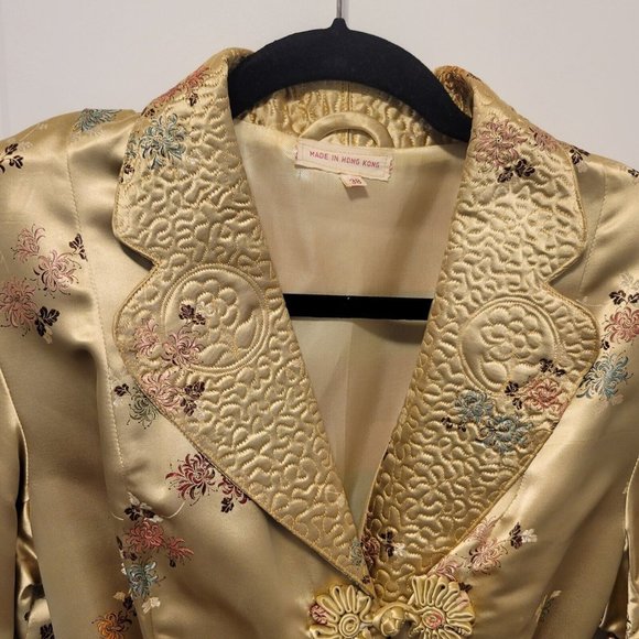 Vintage Chinese Womens Gold Silk Brocade Embroidered Long Coat Jacket Robe Small - Picture 5 of 11
